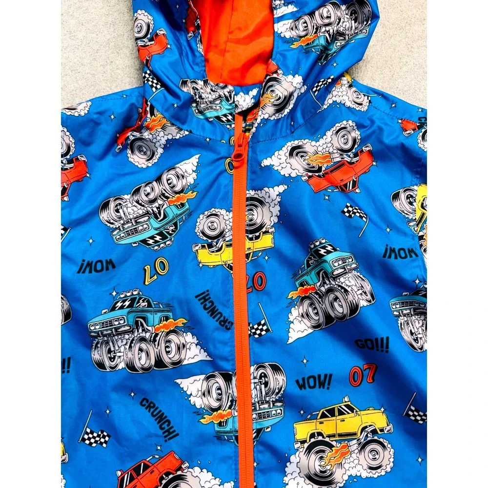 L&D Monster Truck Windbreaker Kids Medium 8-10 Blue Hooded Racing Jacket School